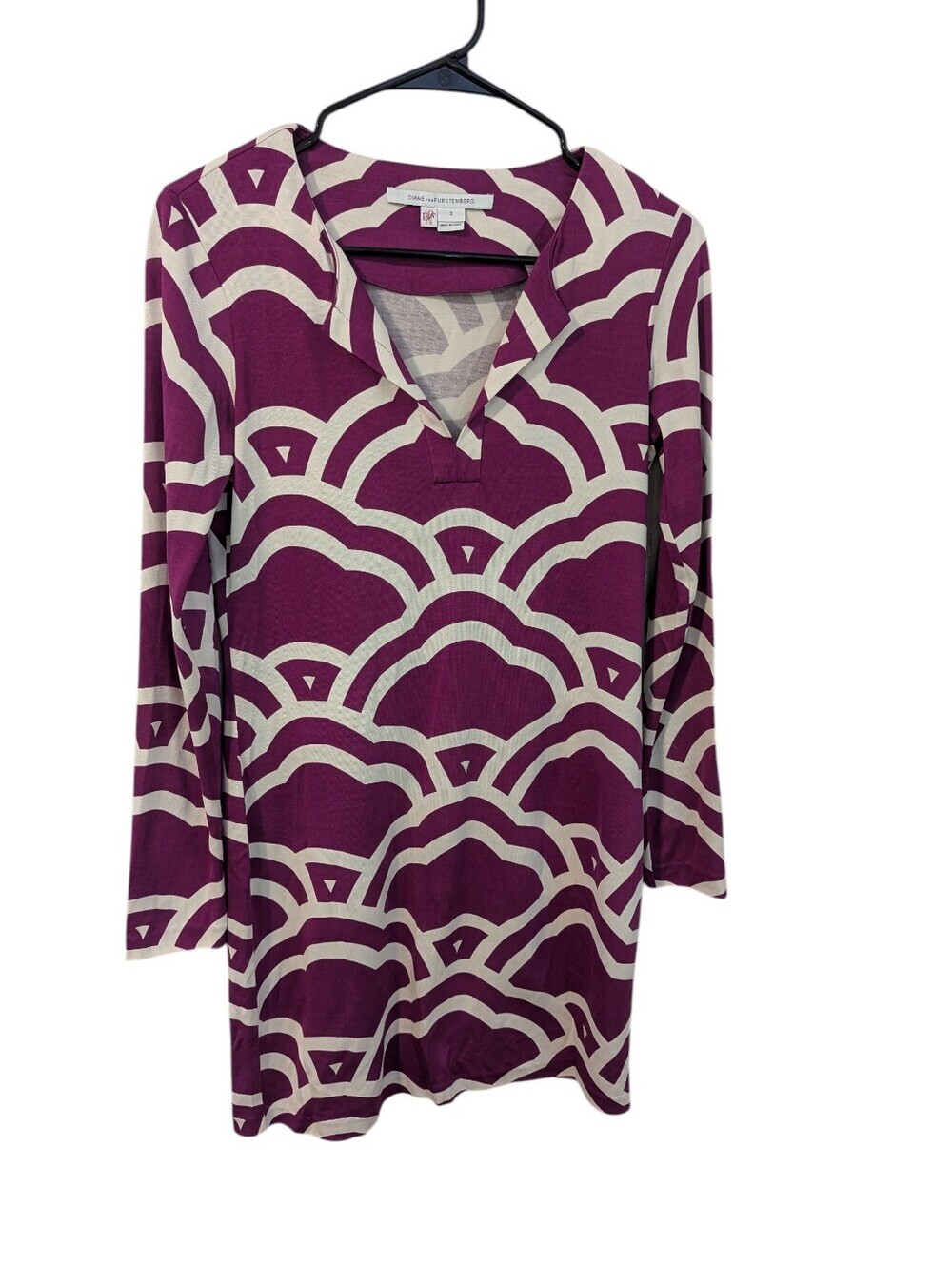 DVF,Silk Purple Patterned V-Neck Tunic Dress, Size 2